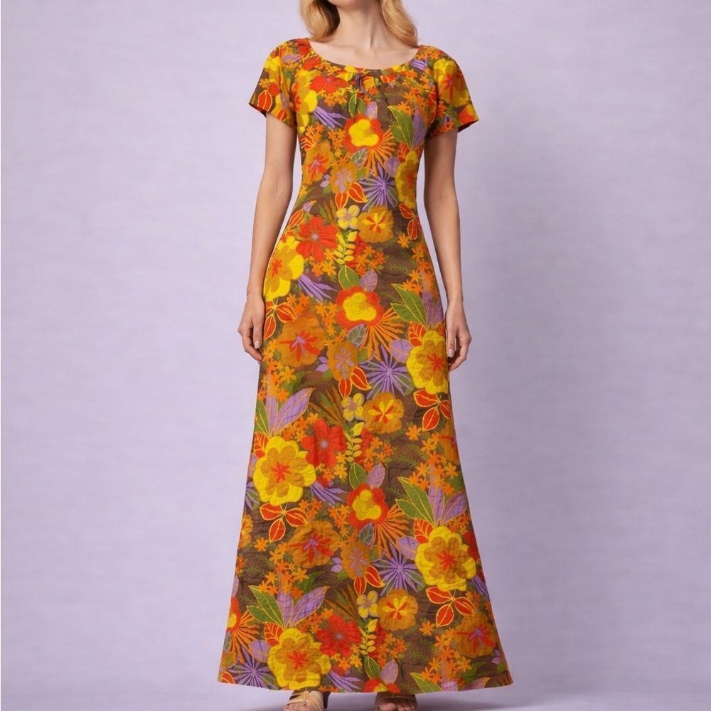 Vintage 1960s Flower Power Maxi Dress Bali Handcrafted Psychedelic Floral Sz M
